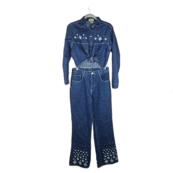 Stefano International Denim Embroidered Floral Crop Top and Jean Set Size 12 - Picture 1 of 15